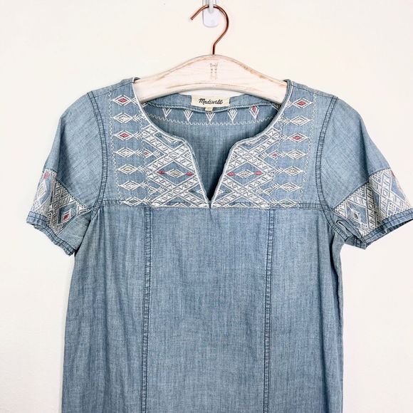 Madewell Short Sleeve Dress Blue Aztec Embroidery Tribal Boho Denim Chambray XS - Picture 4 of 6